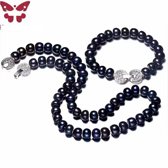 Natural 6mm Tahiti Black Pearl Necklace Bracelet Set 925 Sterling Silver Clasp